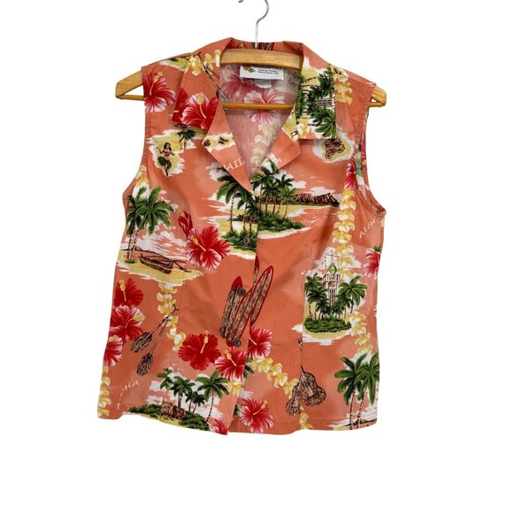 Vintage Alohawears Hawaiian Sleeveless Size L Hula Dancer Hibiscus Hawaii Scenic - Picture 3 of 7